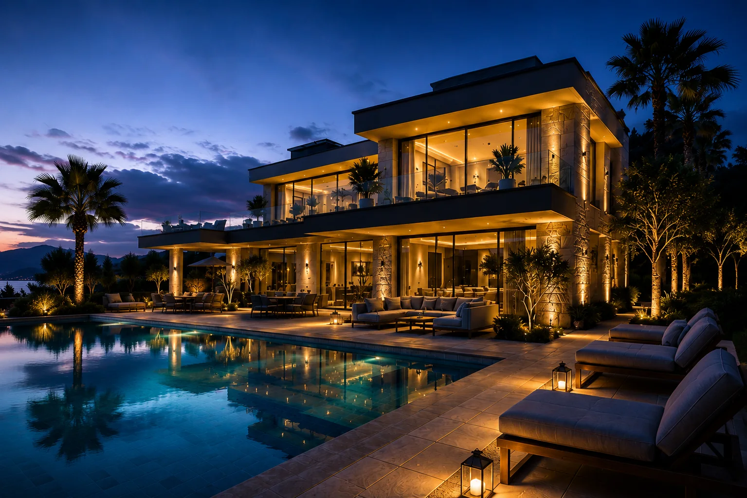 Luxury villa illuminated at dusk beside a pool